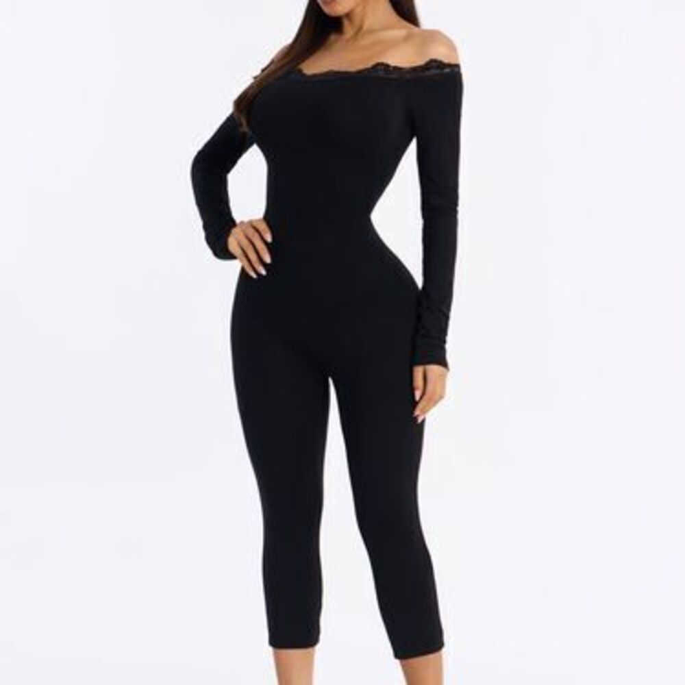 Kim Lace Trim Capri Catsuit - Black - S
